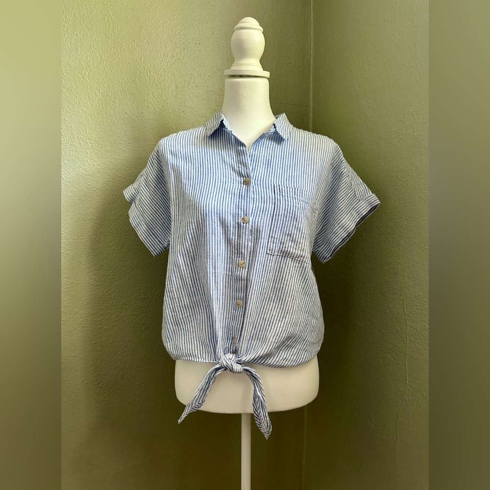 Striped Blue & White Striped Tie-Waist Linen/Cotton Top